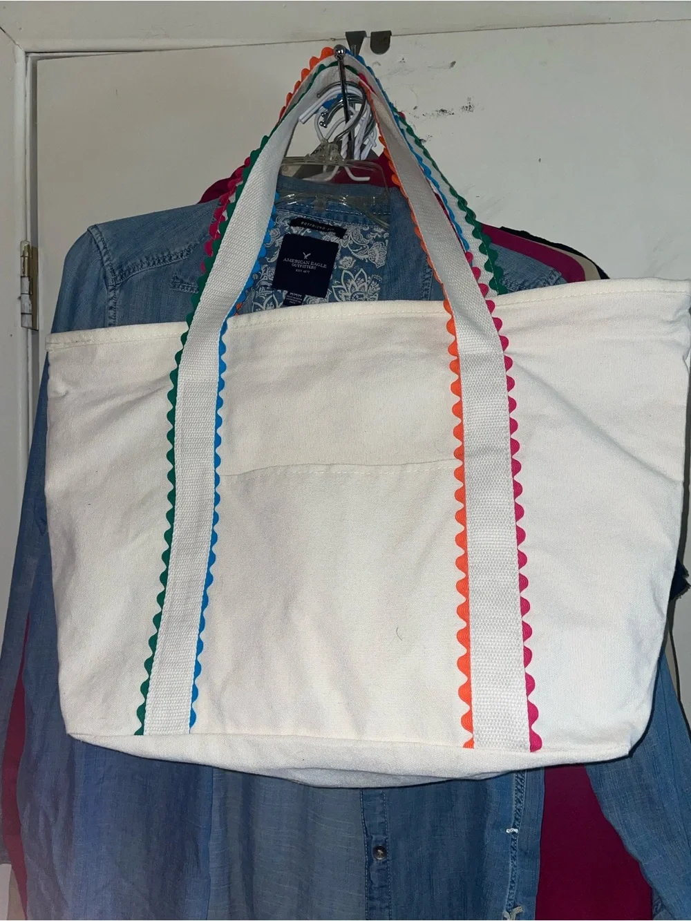 White Canvas Tote with Multicolor Trim by Unknown Brand